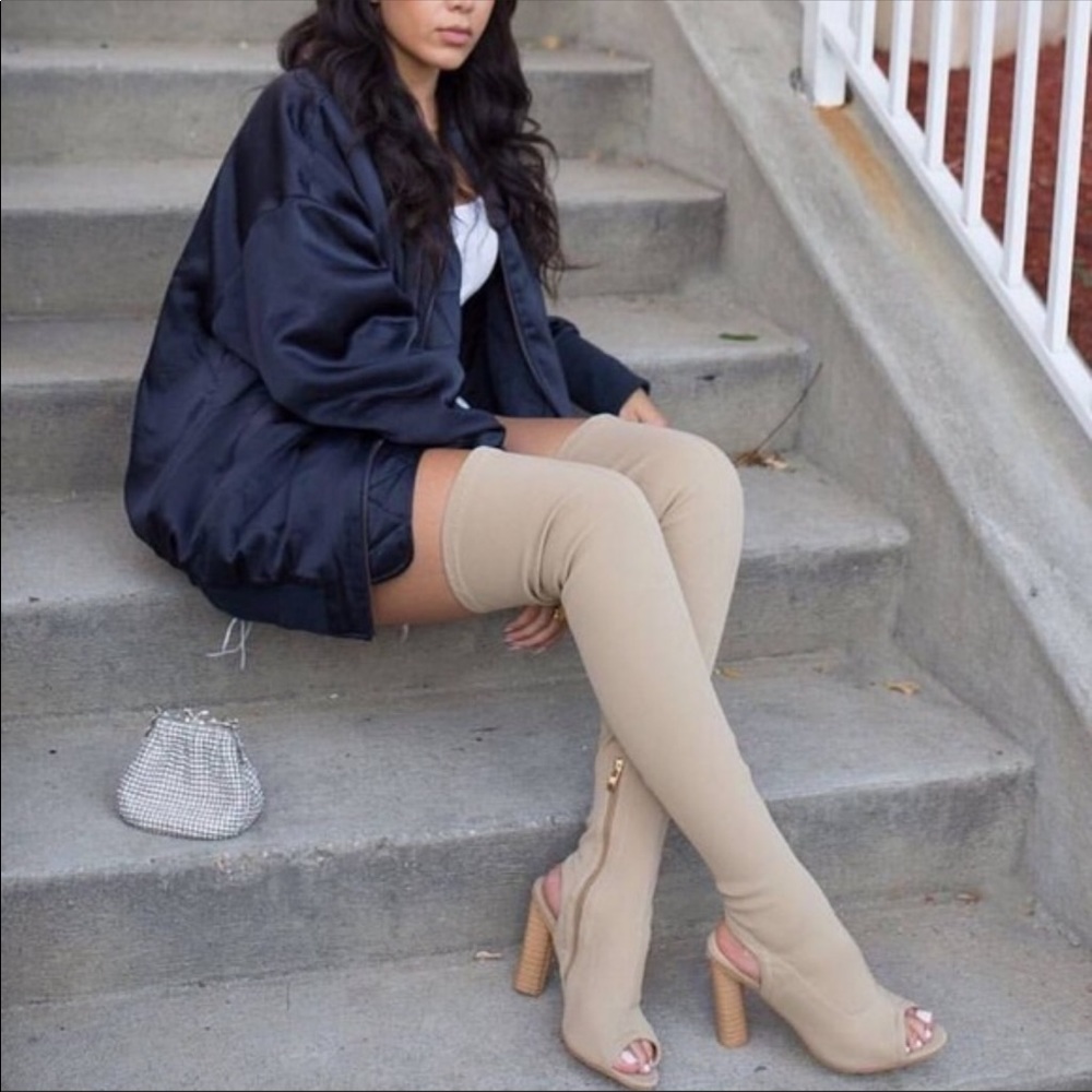 NEW RIVEA CUT OUT HEEL OPEN TOE THIGH HIGH BOOTS